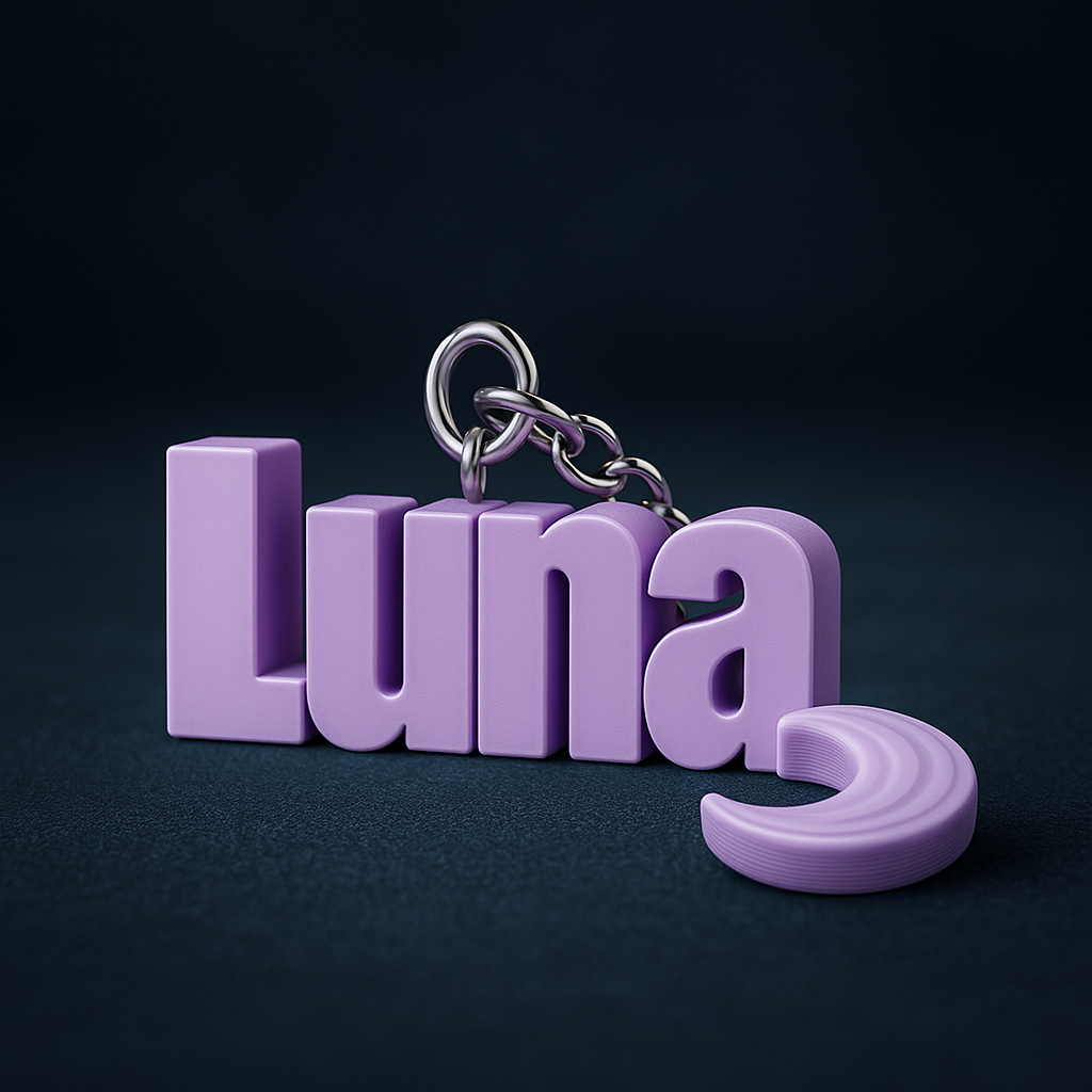 Purple 'Luna' keychain on a dark background