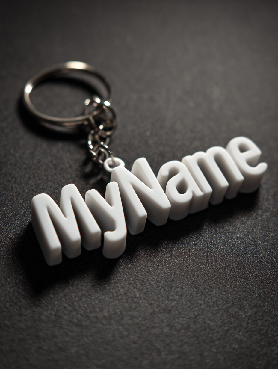 Keychain with 'MY NAME' letters on a dark background