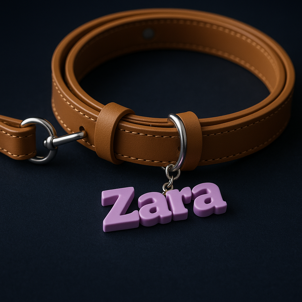 Brown leather dog collar with a purple 'Zara' tag on a black background