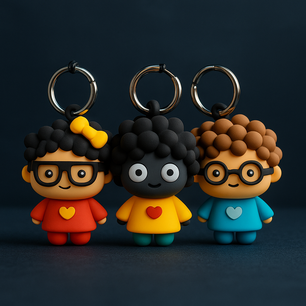 Three colorful keychains with cartoon characters on a dark background