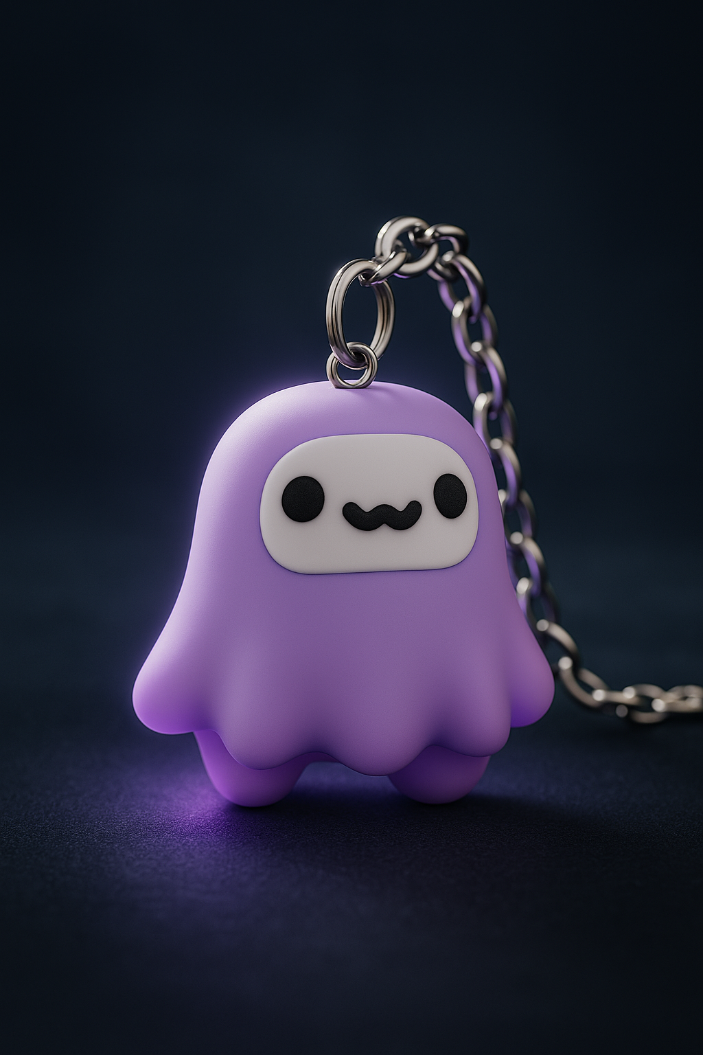 Purple ghost-shaped keychain with a white face on a dark background