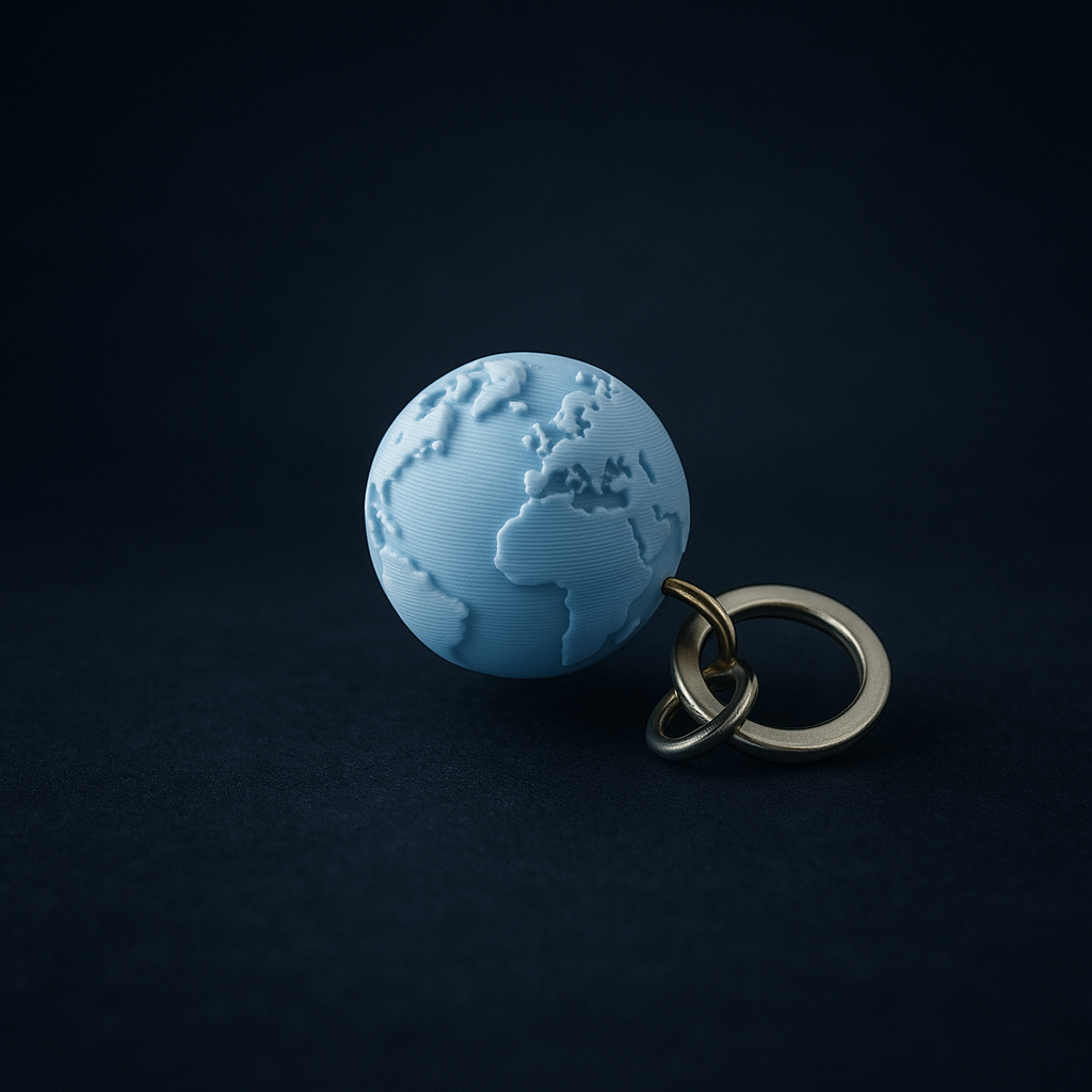Blue globe-shaped keychain on a dark background