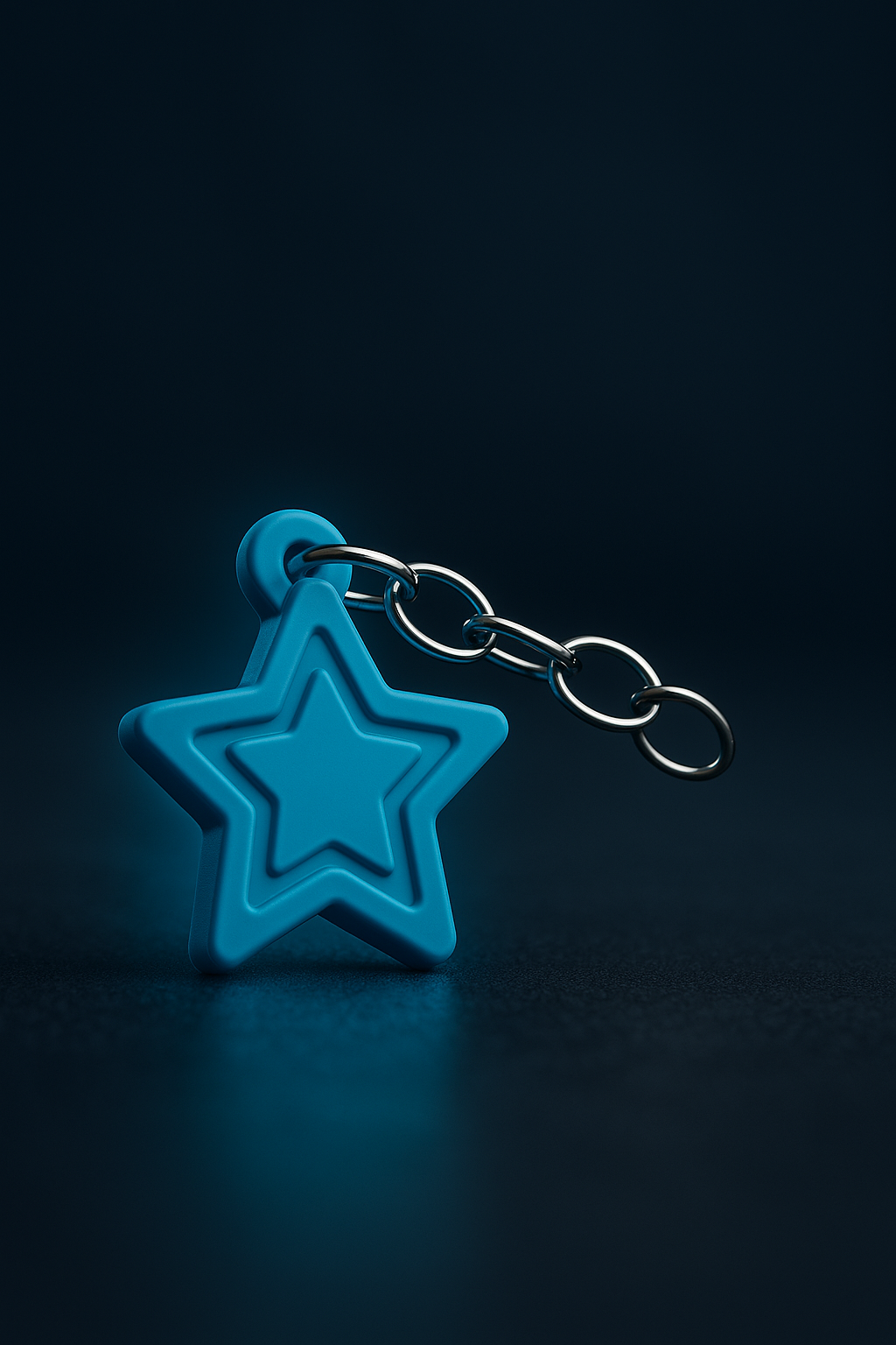 Blue star-shaped keychain on a black background