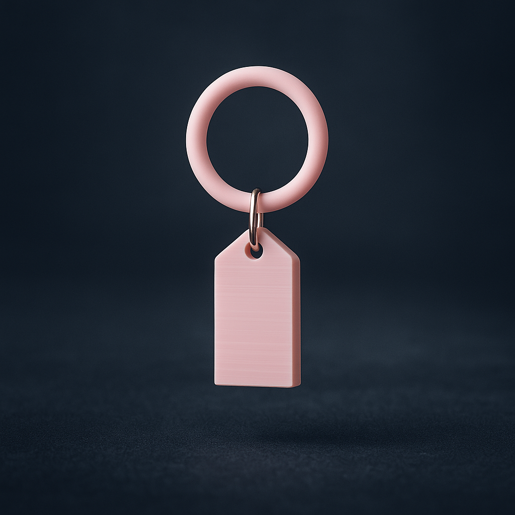 Pink keychain with a rectangular tag on a dark background