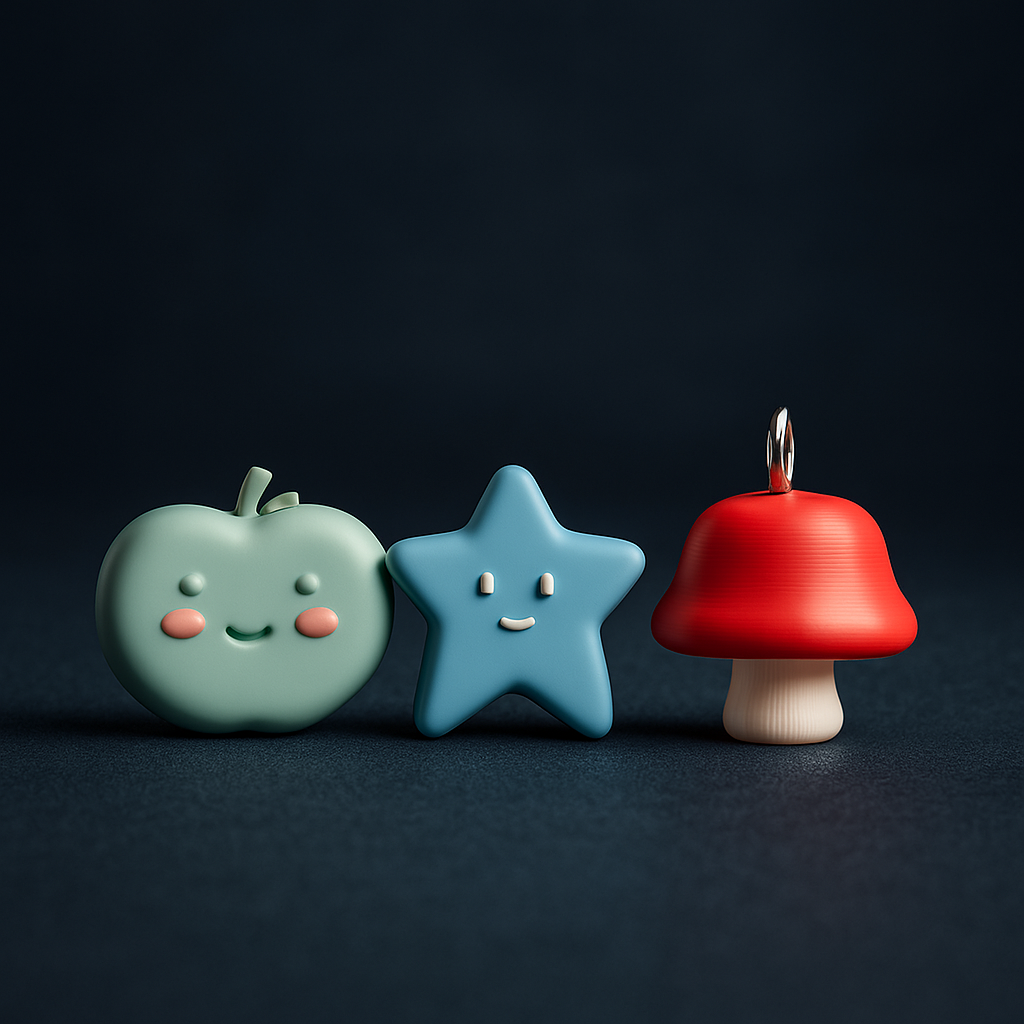 Three colorful key rings shaped like a green apple, blue star, and red mushroom on a dark background.