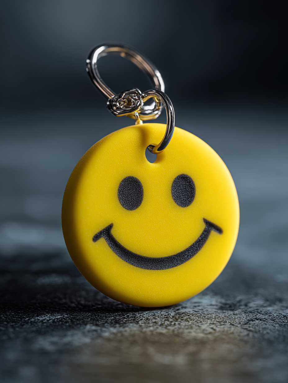 Yellow smiley face keychain on a dark background