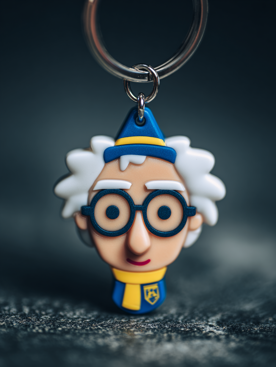 Keychain with a cartoon character wearing glasses and a blue hat on a dark background